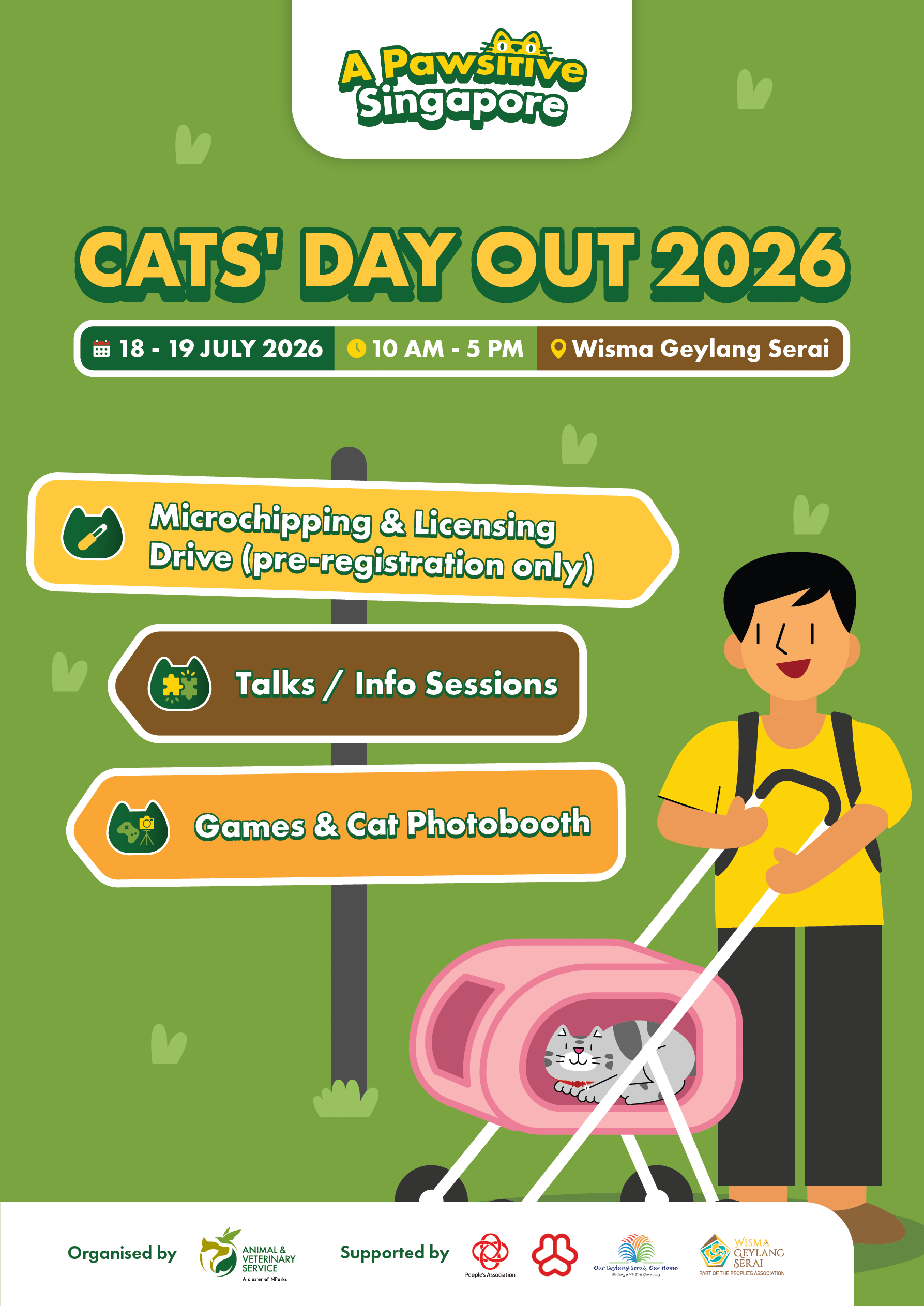 The main poster for Cats' Day Out, featuring an owner walking a cat in a stroller on a green background
